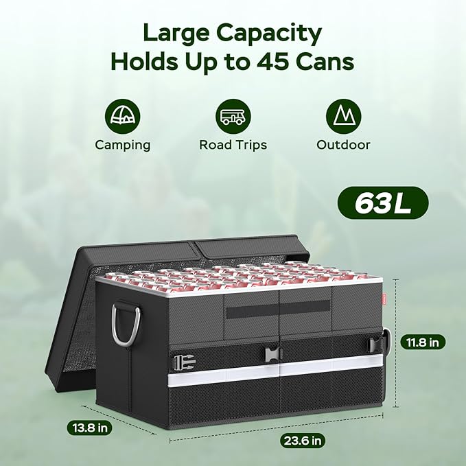 Cooler Bag – Soft Travel Cooler Holds 45 Cans, Stays Cold for 8H & Warm for 6H – Portable Car Trunk Organizer for Camping, Beach, Picnic