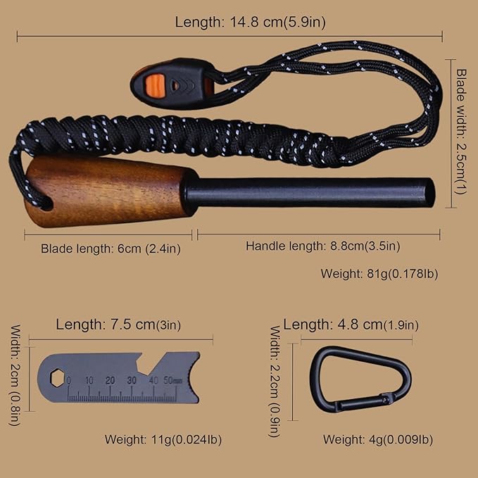 BA-KOR 14.3 inch All-Tang 9CR18MOV Hunting Survival knife + sheath,&（5.9in） Drilled Flint Fire Starter ， stainless steel +G10 handle camping knife, multi-purpose EDC tool knife ﻿