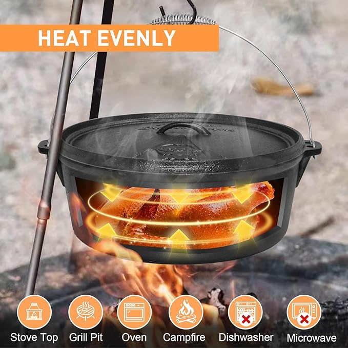Camping Dutch Oven,12 Qt Pre-Seasoned Camping Cookware Pot with Lid - Lid Lifter, Cast Iron Dutch Oven with Metal Handle for Cooking BBQ Baking Campfire Modern Black