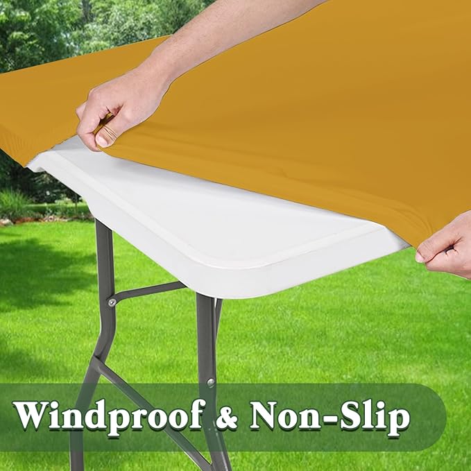 10 Pack 6 Foot Picnic Table Cover Fitted Outdoor Tablecloth for Rectangle Tables Elastic Waterproof Stretch Washable Patio Folding Spandex Table Cloth for Camping Banquet Parties (Mustard,30" x 72")