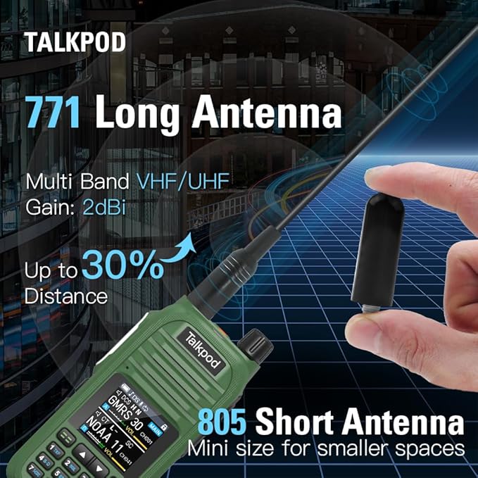 A36SE GMRS Handheld Radio Long Range, Multi Band Walkie Talkie with 771 Aviation Antenna ＆ 805 Antenna, Type-C Rechargeable Battery, AM/FM Reception, NOAA, Two Way Radio with Earpiece (Green)