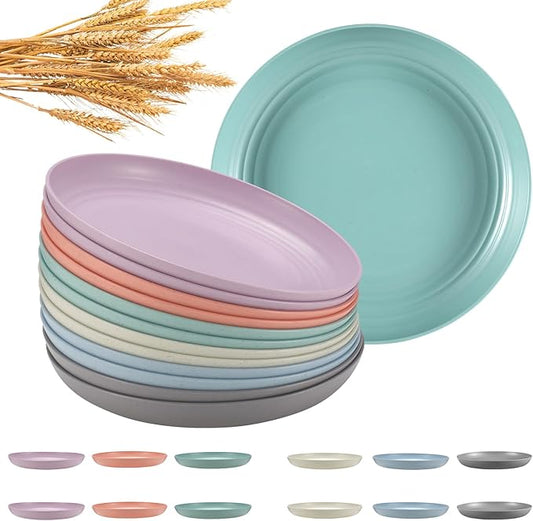 12 Pcs Unbreakable Deep Dinner Plates Set, 10 inch Reusable Plastic Wheat Straw Plates, Microwave and Dishwasher Safe Plate for Kitchen, Lightweight Plate for Dessert, BPA Free, 6 Colors