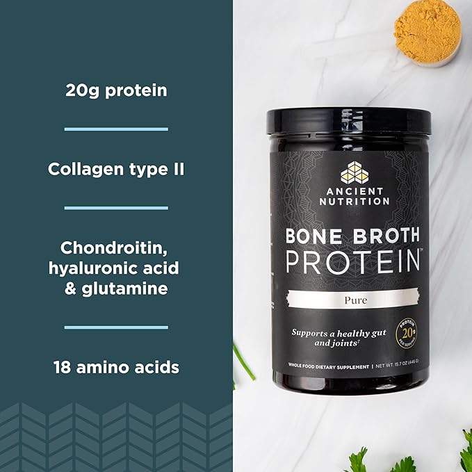 Ancient Nutrition Grass Fed & Cage Free Bone Broth Protein Powder, 20g Protein Per Serving, Hydrolyzed Collagen Peptides, Glucosamine, Chondroitin, Supports Joint & Gut Health, Pure, 20 Servings