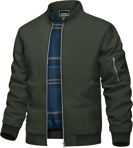 TACVASEN Mens Bomber Jacket Plaid Lined Casual Windbreaker Stylish Light Fall Spring Jackets Windproof Zip Up Coat