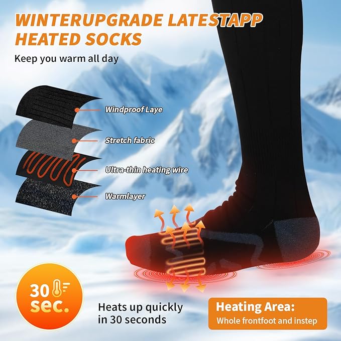 Electric Heated Socks for Men & Women - 6000mAh Rechargeable, Up to70 °C Large Heating Area, 8H Heat, Washable for Skiing, Hunting, Camping