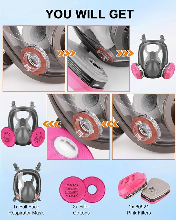 Full Face Respirator Mask with Filters 60921 & 2097, Gas Mask Against Dust, Organic Vapor, Paint, Welding, Chemicals, Epoxy Resin, Sanding, Woodworking