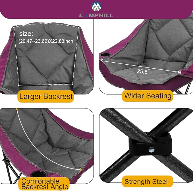 Folding Camping Chair,Oversized Portable Camping Chair with Cup Holder,Heavy Duty Padded Lawn Chair for Camping, Tailgates, Beach, and Sports