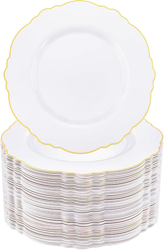 WDF 60pcs Gold Plastic Dinner Plates -10.25inch Baroque White and Gold Wedding Plates Fancy Heavy Duty Fall Plastic Plates for Upscale Thanksgiving Parties & Wedding & Birthday