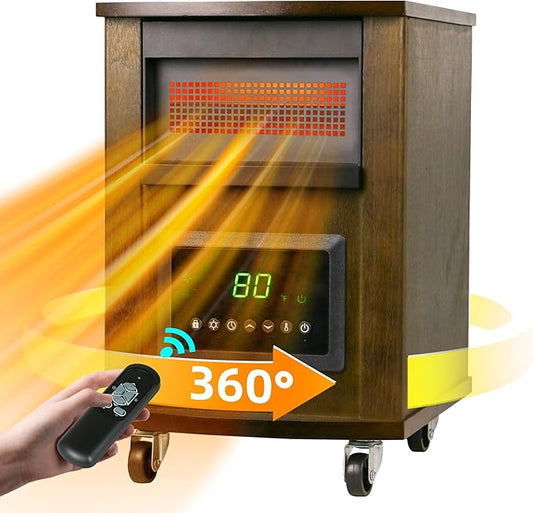 1500W Realsmart Space Infrared Heater for Indoor Use Large room Electric Quartz Heater with Remote Control Wheels LCD Display 3 Heating Modes 12H Timer Overheat Tip Over Protection Safe