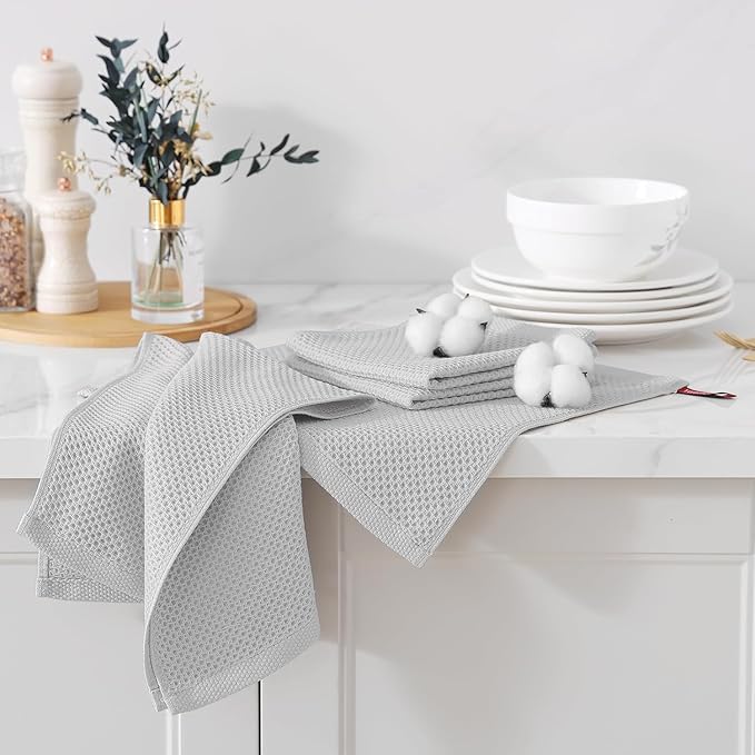 Kitinjoy 100% Cotton Kitchen Towels and Dishcloths Set, 8 Pack-13" x 28" and 12" x 12" Waffle Weave Dish Towels, Ultra Soft Absorbent Quick Drying Dish Rags, Light Grey