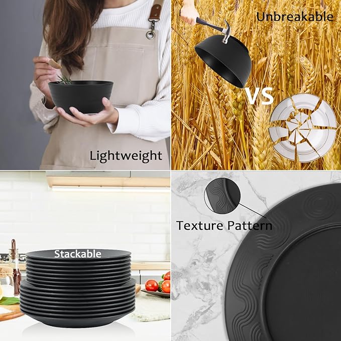 40 Pieces Plates and Bowls Sets, Wheat Straw Dinnerware Sets for 8, Dinner Plates, Cereal Bowls and Drinking Cups, Unbreakable and Reusable Plastic Dinnerware Sets (Black)