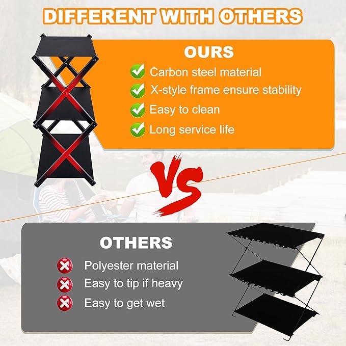 Folding Camping Table with Carry Bag, Portable Beach Tables for Sand Foldable, 3-Tier Storage Shelf Racks for Travel, Fishing, Picnic, Festivals, Outdoor Activities and Home