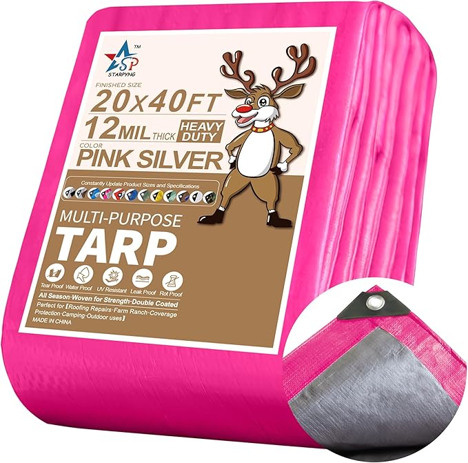 STARPYNG-12 Mil Pink/Silver 20x40 Feet Tarp-Heavy Duty Poly Tarp-Cover,Waterproof, UV Resistant, Weather Resistant, Cover Cars, Boats, Courtyards,Camping