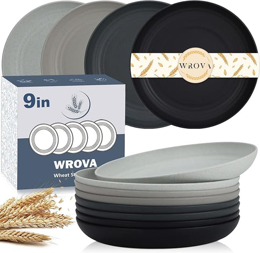 Wheat Straw Dinner Plates - 9 Inch Unbreakable Set of 8 - Dishwasher & Microwave Safe Reusable Plates - Lightweight for Kitchen & Camping (Classic Series)