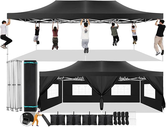 COBIZI 13x26 Pop Up Canopy with 6 Sidewall,Heavy Duty UPF 50+ All Season Wind Waterproof Commercial Outdoor Wedding Party Tents for Parties Canopy Gazebo with Roller Bag(13 x 26 ft Black)