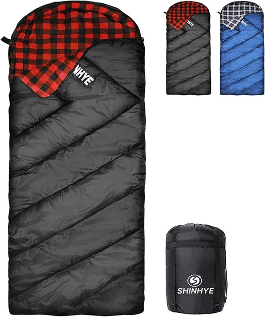 ShinHye 0 Degree Sleeping Bag for Adults - Cotton Flannel 4 Season Cold Weather Winter, XXL Big and Tall Camping Sleeping Bag with Compression Sack