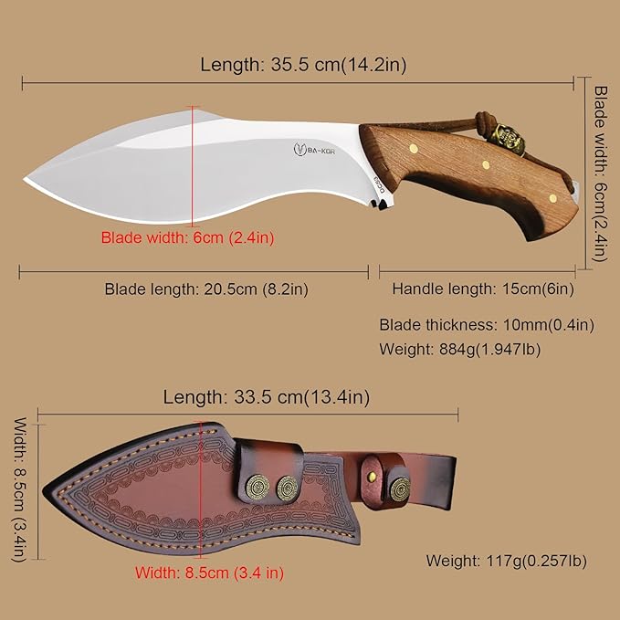 BA-KOR (Survivor III) 35.5CM (14.2 ") DC53 steel 10mm thickened full Tang fixed knife+ leather sheath &(5.9IN) Cerium Igniter, suitable for outdoor hunting, cutting, chopping, camping, obstacle removal, exploration, fishing, EDC, BBQ