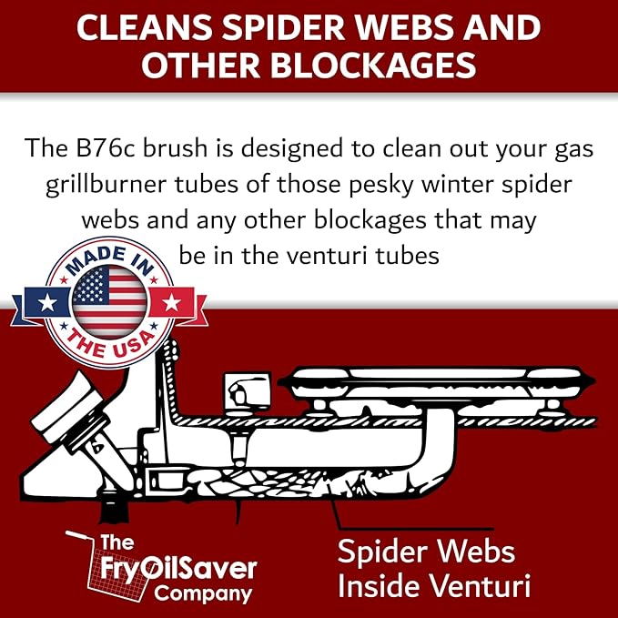 Gas Grill Venturi Tube Brush, Cleans Spider Webs, Grease, Debris, Food Build Up, Prevents Flare Ups, Long & Flexible Blockage Unclogger Cleaning Brush for Gas Grill Burner Pipe by FryOilSaver Co. B76C