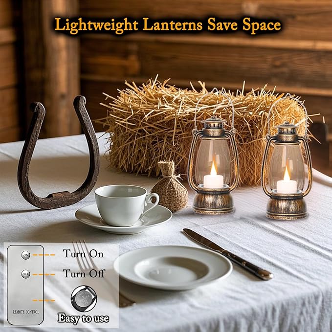 LLQ Vintage Decorative Lanterns with Remote, Camping Party Decorations, Table Centerpiece, Indoor & Outdoor Hanging Lanterns, Christmas Halloween Wedding Party Decor, 4-Pack (Bronze Brushed)