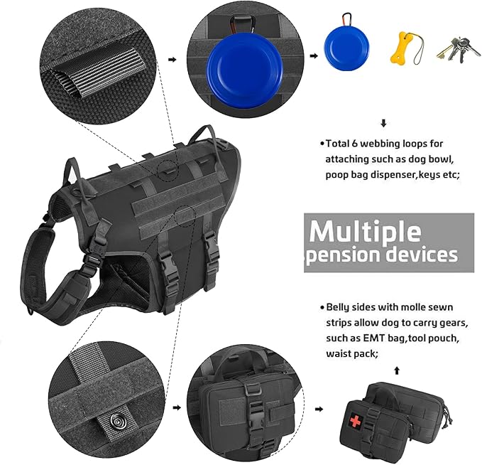 Tactical Dog Vest Harness and Training Dog Collar with Bungee Dog Leash Set No Pull Military Dog Harness with 2 Detachable and 1 Water Bottle Pouches for Outdoor Training Service, Black L