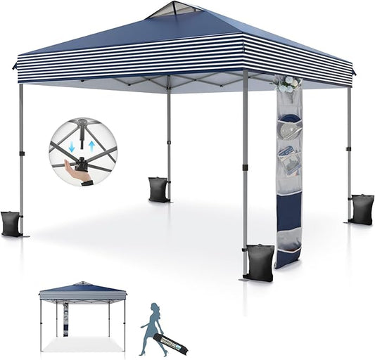 MFSTUDIO Pop Up Canopy Tent, 10x10 Outdoor Canopies One Push Setup Instant Portable Shelter Tens with Vented Top, Storage, 4 Sandbags, Beach Canopy, Blue White Stripe