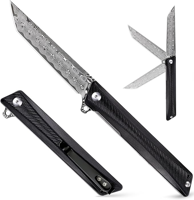 Damascus Pocket Knife GD22K, Flipper Open Tanto Blade Damascus Steel Folding Pocket Knives with Pocket Clip, G10 Handle, Men Women Sharp EDC Pocket Knife Camping Hiking Gift