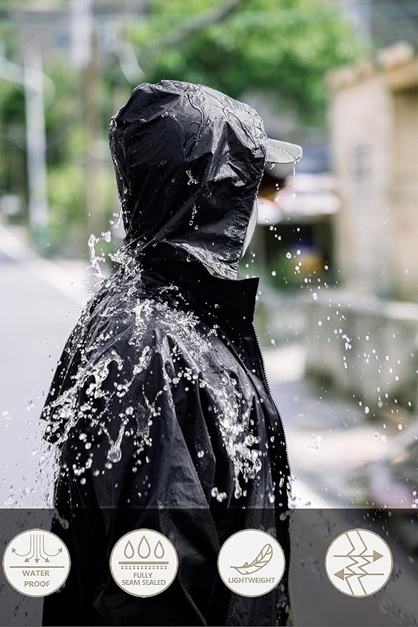 RainRider Raincoat for Men Waterproof Long Rain Jacket with Stowable Hood Lightweight Rain Gear Poncho for Unisex