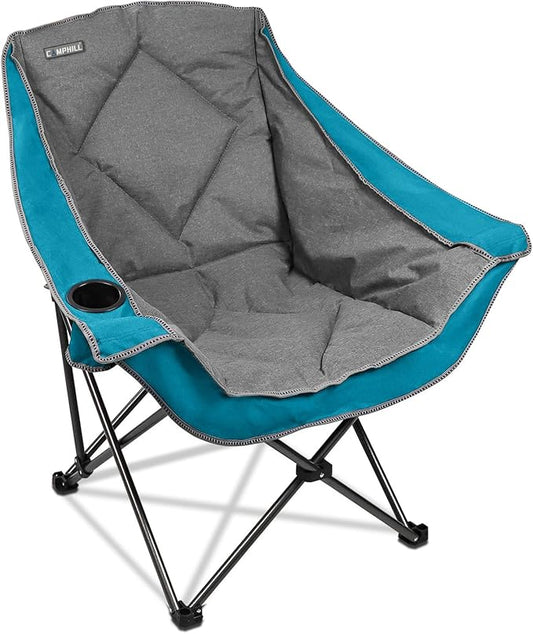Folding Camping Chair,Oversized Portable Camping Chair with Cup Holder,Heavy Duty Padded Lawn Chair for Camping,Tailgates,Beach,and Sports,Lake Blue