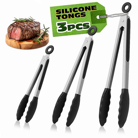 3Pcs Kitchen Tongs with Silicone Tips - Tong Set 7/9/12" | Silicone Tongs for Cooking Heat Resistant up to 480°F, Non Stick, Built-In Lock Ring - Stainless Steel Kitchen Utensils for Cooking & Serving