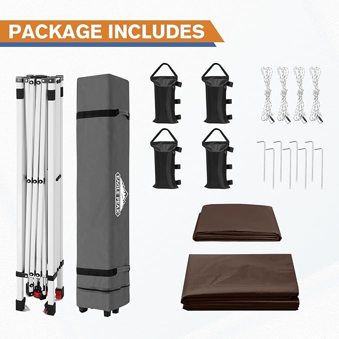 EAGLE PEAK Pop Up Canopy Tent with 1 Sidewall, Easy Setup Event Tent, Outdoor Sun Shade, Wheeled Carry Bag, Stakes and Guy Ropes, Instant Canopy 10x10, Brown