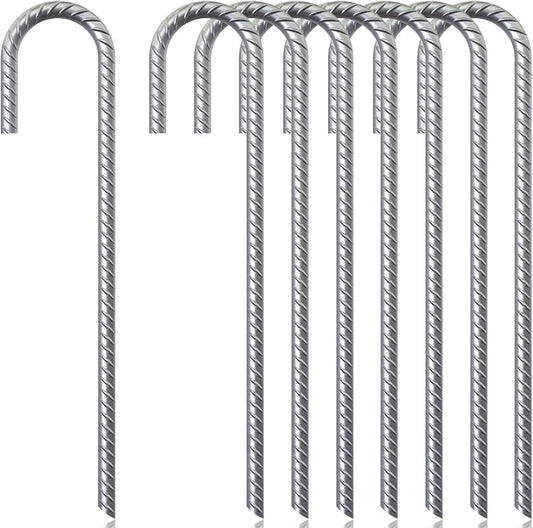 ASDFGHT J Hook Rebar Stakes 12 & 16 Inch (Black or Silver), Heavy Duty Professional Quality Ground Anchors for Chainlink Fence, Sports nets, Camping, Trampolines, Irrigation Pipes and Garden