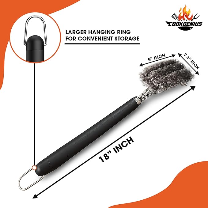 CockGenius Grill Brush with Scraper for BBQ Grills – 18 Inch Long Handle BBQ Grill Cleaner for Outdoor Grill, Extra Strong BBQ Grill Cleaner for Grill/Smoker/Gas/Charcoal Grill - Best BBQ Grill Tool