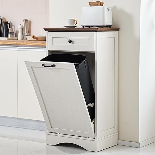 13 Gallons Tilt Out Trash Cabinet Freestanding Kitchen Trash Bin Cabinet Wood Garbage Recycling Cabinet with Hideaway Drawer Pet Proof Trash Can Holder for Kitchen Living Room, Antique White