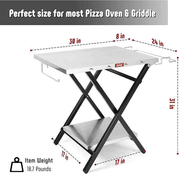 Outdoor Grill Table, Foldable Pizza Oven Stand & Griddle Stand with Garage Rack & Tissue Holder, Folding Outdoor Prep Table for Gathering and Party, 30" x 24", Stainless Steel