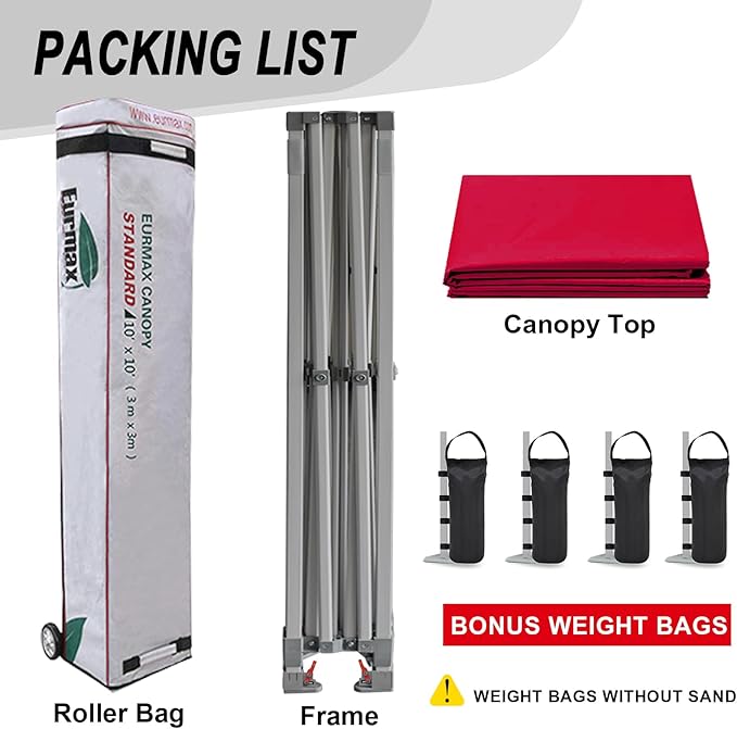 Eurmax USA Standard 10x10ft Patio Pop Up Canopy Tent for Outdoor Events Commercial Instant Canopies with Heavy Duty Roller Bag,Bonus 4 Canopy Sand Bags(Silver Coating Top,Red)