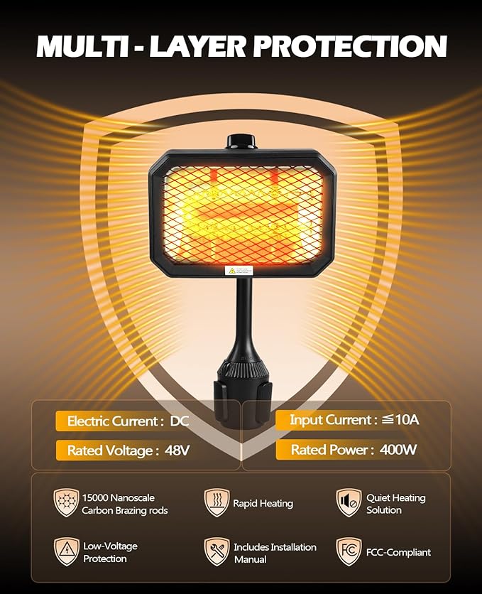 Golf Cart Electric Heater, 400W Safe and Quiet Carbon Fiber Heating, Heat Up 120 Square Feet for 48V Club Car/Yamaha/EZGO Golf Cart Battery Operated Heater & Cup Holder Adapter, Black