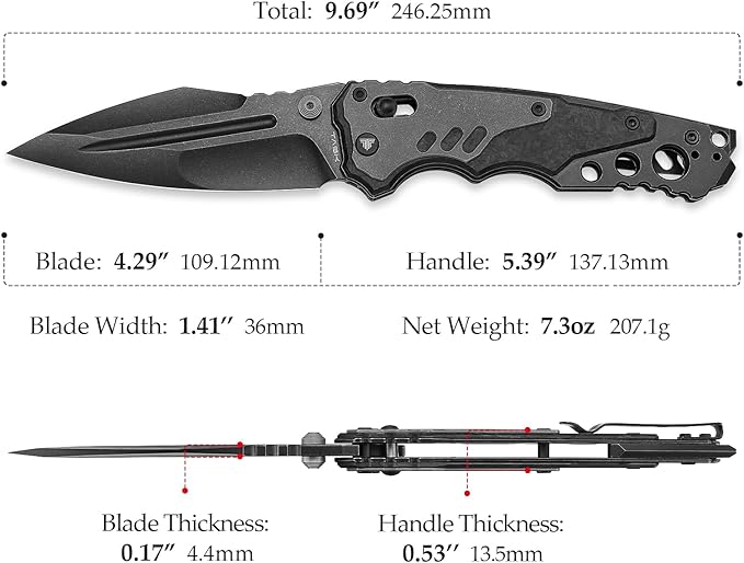 Intruder-05｜Folding Pocket Knife for Men，Heavy Camping EDC Knives with Clip ，4.29" PVD Blackwash 14C28N Steel Blade Axis Lock & Washer， Thumb Stud，Ti & Carbon Fiber Handle
