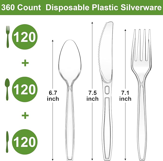 Pleafind 360 Count Plastic Silverware - 7 Inch Heavy Duty, Food Grade Plastic Utensils Set for Family Gatherings, Picnics & Everyday Use, Disposable Silverware with 120 Forks, Spoons and Knives