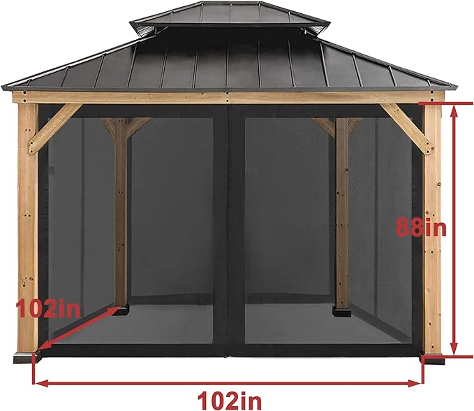 Coastshade Gazebo Canopy Mesh Walls Replacement 8x8 Gazebo Pergola Mosquito Screen Netting for Gazebos with 42Curtain Rings & 42Rail Hooks,Black