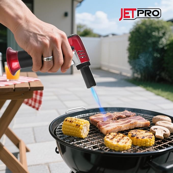 Butane Torch Lighter Refillable with Adjustable Flame Kitchen Torch for Creme Brulee Baking BBQ Cooking Soldering One Hand Operation with Fuel Window Safety Lock (Butane Gas Not Included)