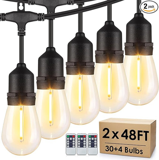 96FT(2 * 48FT) Outdoor String Lights with Remote, Dimmable Patio Lights with 30+4 Bulbs 3 Modes 4 Level Timers for Balcony Porch, Black 2 Pack