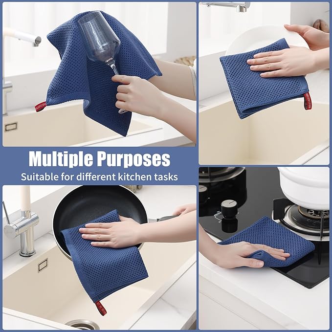 Kitinjoy 100% Cotton Kitchen Towels and Dishcloths Set, 10 Pack-13" x 28" and 12" x 12" Waffle Weave Dish Towels, Ultra Soft Absorbent Quick Drying Dish Rags, Navy Blue