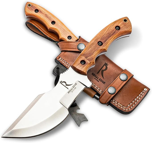 Fixed Blade Knife 10” Hunting Knife With Fire Starter And Leather Sheath - Olive Wood Handle Survival Knives for Camping, Hiking, and Outdoor Use By Regal Edge