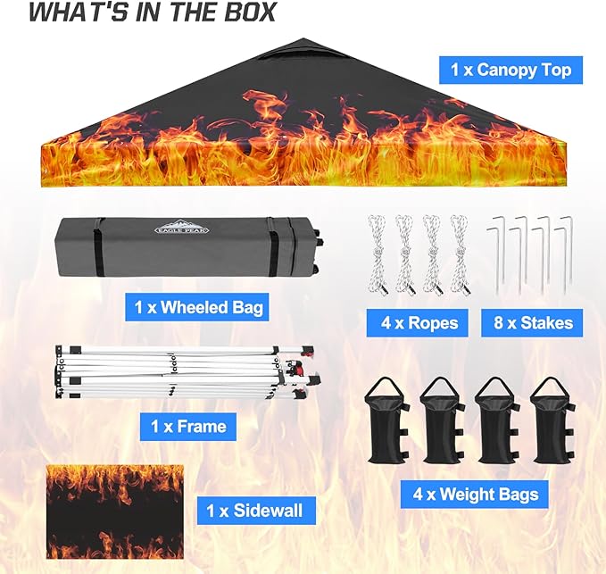 EAGLE PEAK Pop Up Canopy Tent with 1 Sidewall, Easy Setup Event Tent, Outdoor Sun Shade, Wheeled Carry Bag, Stakes and Guy Ropes, Instant Canopy 10x10, Flame