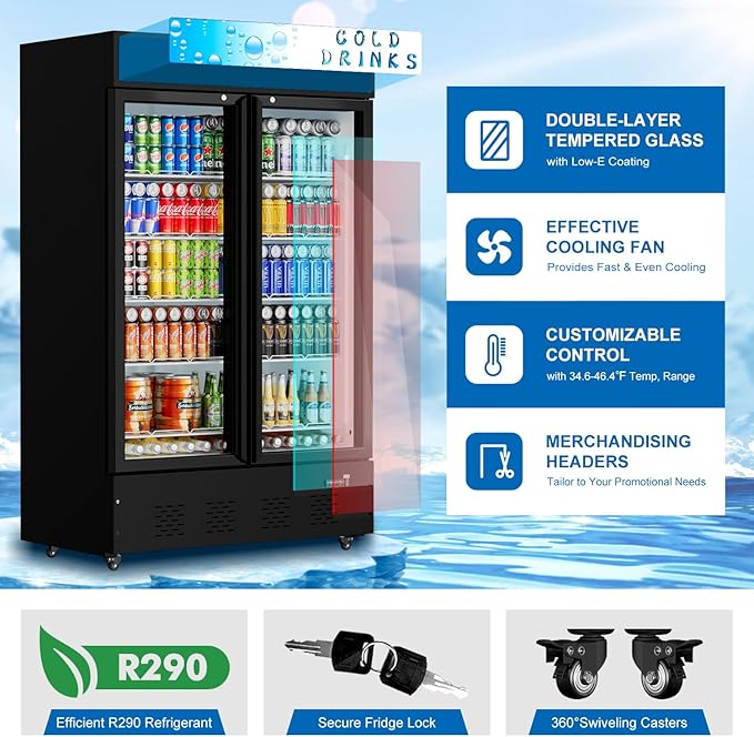 Commercial Glass Door Display Refrigerator 40 Cu.ft Cooler Commercial Display Beverage Refrigerators with LED Light and 10 Shelves for Cafe Restaurant Store Bar