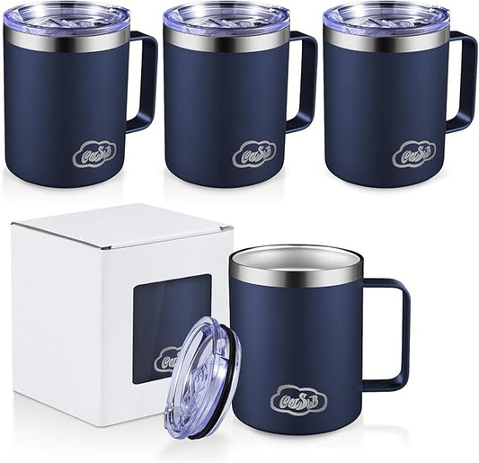 12oz Insulated Coffee Mug with Handle, Stainless Steel Wide Mouth Travel Tumblers with Lid, Double Wall Vacuum Coffee Cup for Camping, Office, Navy Blue 4 Pack