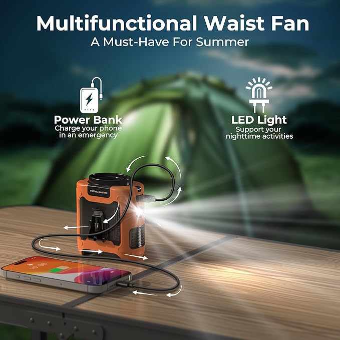 10000mAh Portable Waist Clip Fan, 40H Cooling Personal Wearable Fan, 5 Speeds 16000RPM Strong Belt Fan, Rechargeable Hands-free Neck Fan With Flashlight for Outdoor Jobsite Camping Traveling (Orange)