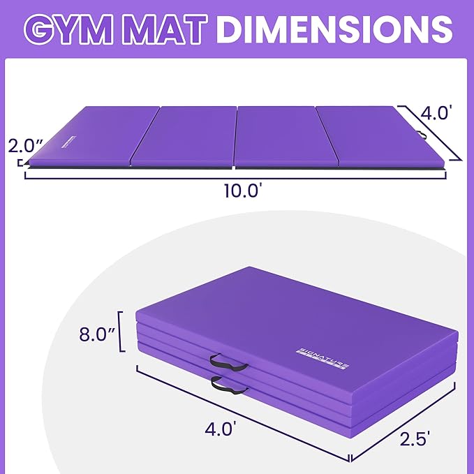 Folding Exercise Gymnastics Mat 10'x4'x2" Gym Workout Mat with Carrying Handles High-Density Anti-Tear Portable Fitness Aerobics Mats for Home Gym Yoga Pilates Tumbling MMA Core Training, Multiple Colors