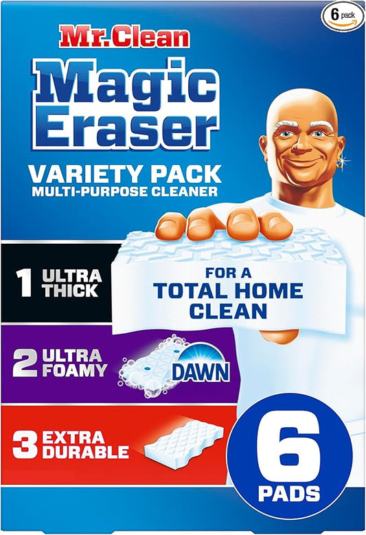Mr. Clean Magic Eraser Sponge, All Purpose Cleaner, Cleaning Scrubber, Kitchen, Bathroom, Shower, Oven, Cleaning Supplies, Variety Pack with 1 Ultra Thick, 2 Ultra Foamy, & 3 Extra Durable, 6ct