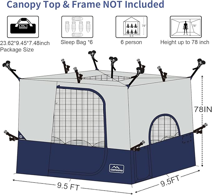 KAMPKEEPER Camping Inner Tent, Converts 10'x10' Straight Leg Pop Up Canopy into Camping Tent, with 1 Dog Hole–Fully Vented Roof(Canopy & Frame NOT Included), Navy Blue